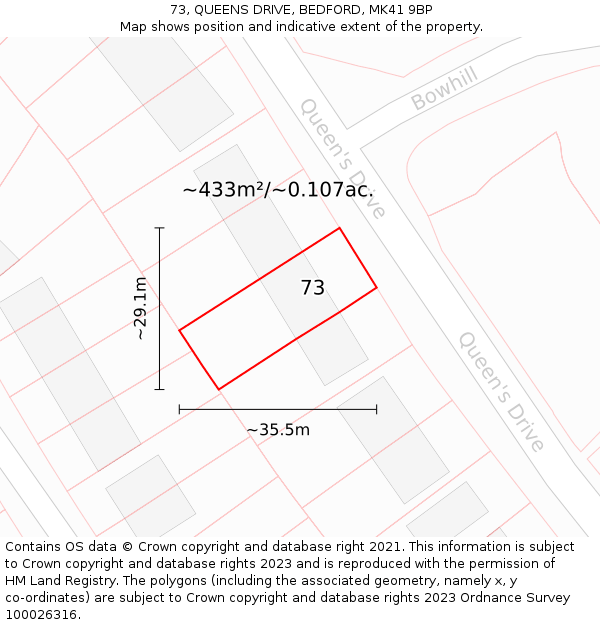 73, QUEENS DRIVE, BEDFORD, MK41 9BP: Plot and title map