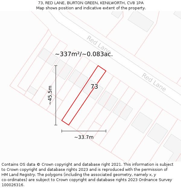 73, RED LANE, BURTON GREEN, KENILWORTH, CV8 1PA: Plot and title map