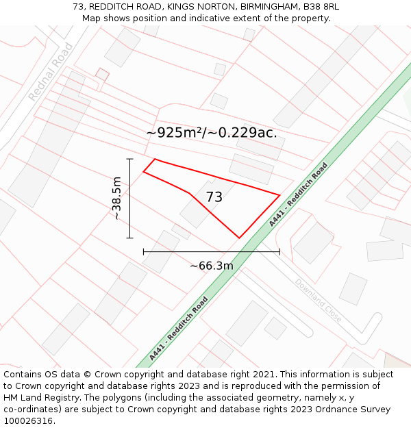 73, REDDITCH ROAD, KINGS NORTON, BIRMINGHAM, B38 8RL: Plot and title map