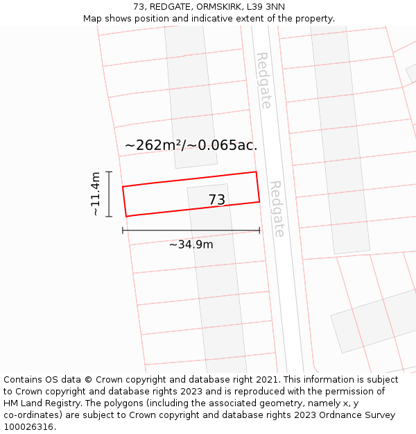 73, REDGATE, ORMSKIRK, L39 3NN: Plot and title map