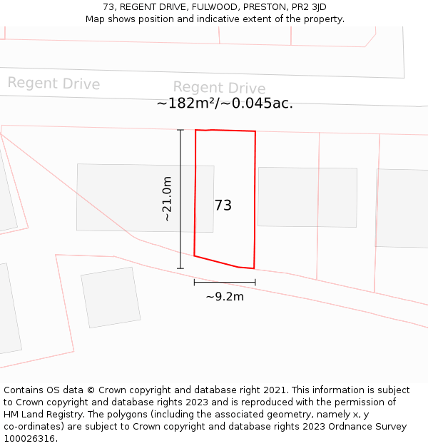 73, REGENT DRIVE, FULWOOD, PRESTON, PR2 3JD: Plot and title map