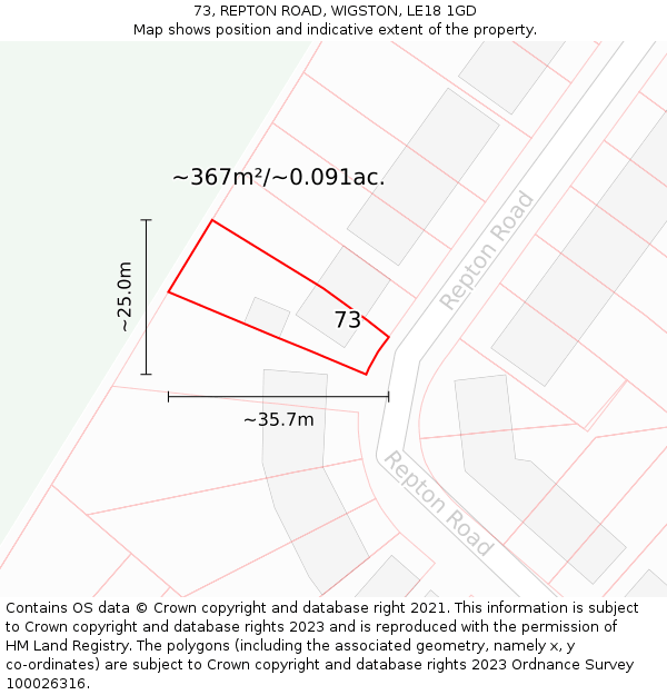 73, REPTON ROAD, WIGSTON, LE18 1GD: Plot and title map