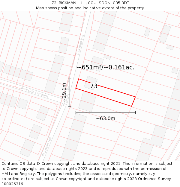 73, RICKMAN HILL, COULSDON, CR5 3DT: Plot and title map