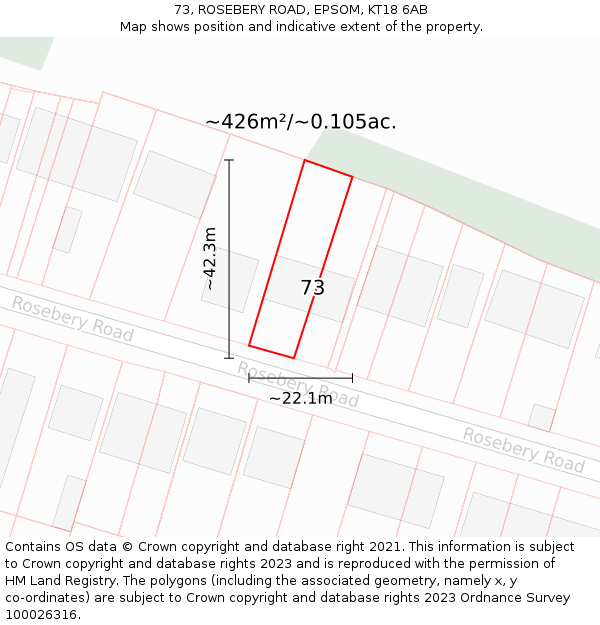 73, ROSEBERY ROAD, EPSOM, KT18 6AB: Plot and title map