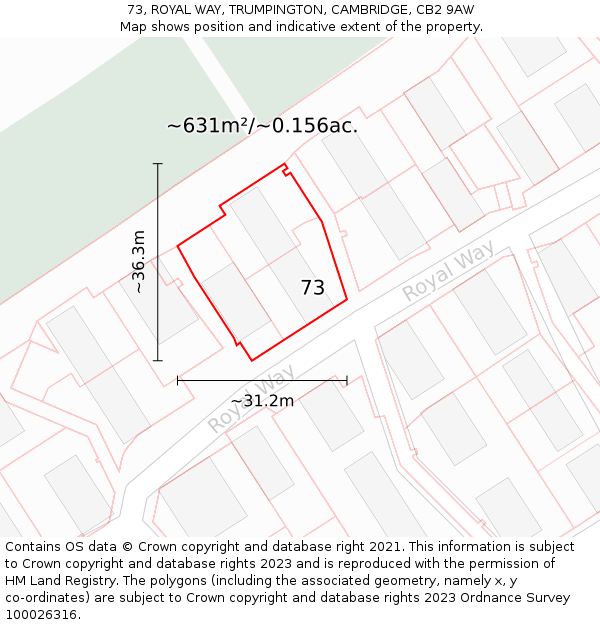 73, ROYAL WAY, TRUMPINGTON, CAMBRIDGE, CB2 9AW: Plot and title map