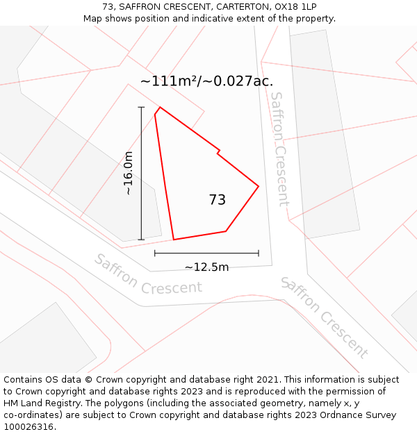 73, SAFFRON CRESCENT, CARTERTON, OX18 1LP: Plot and title map