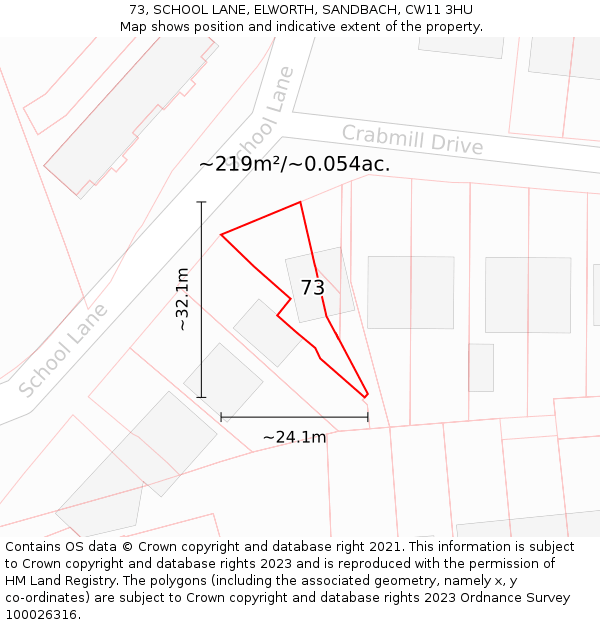 73, SCHOOL LANE, ELWORTH, SANDBACH, CW11 3HU: Plot and title map