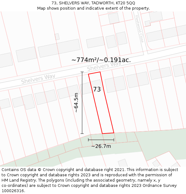 73, SHELVERS WAY, TADWORTH, KT20 5QQ: Plot and title map