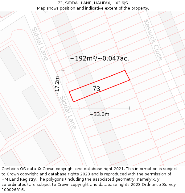 73, SIDDAL LANE, HALIFAX, HX3 9JS: Plot and title map