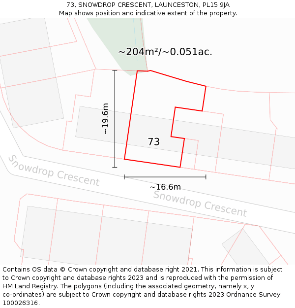 73, SNOWDROP CRESCENT, LAUNCESTON, PL15 9JA: Plot and title map