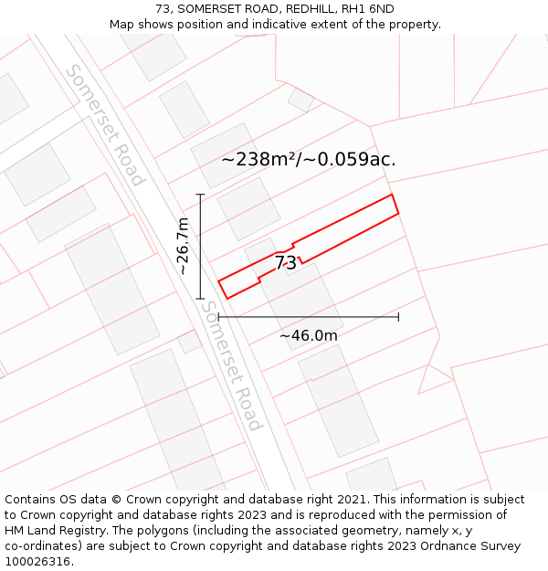 73, SOMERSET ROAD, REDHILL, RH1 6ND: Plot and title map