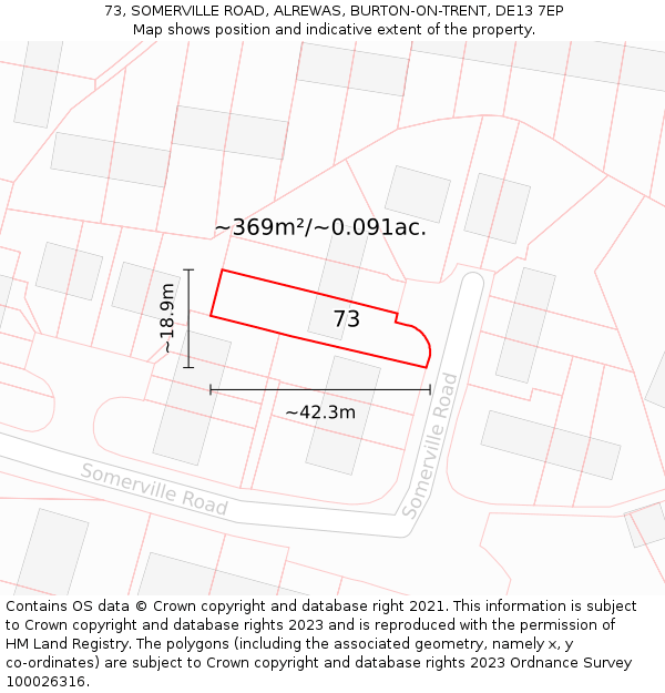 73, SOMERVILLE ROAD, ALREWAS, BURTON-ON-TRENT, DE13 7EP: Plot and title map