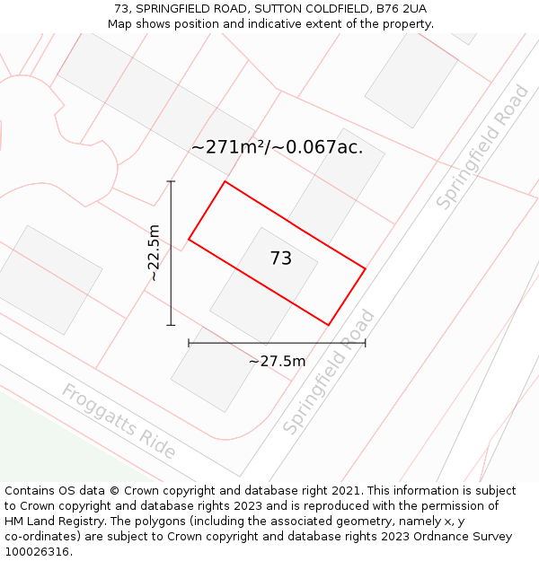 73, SPRINGFIELD ROAD, SUTTON COLDFIELD, B76 2UA: Plot and title map