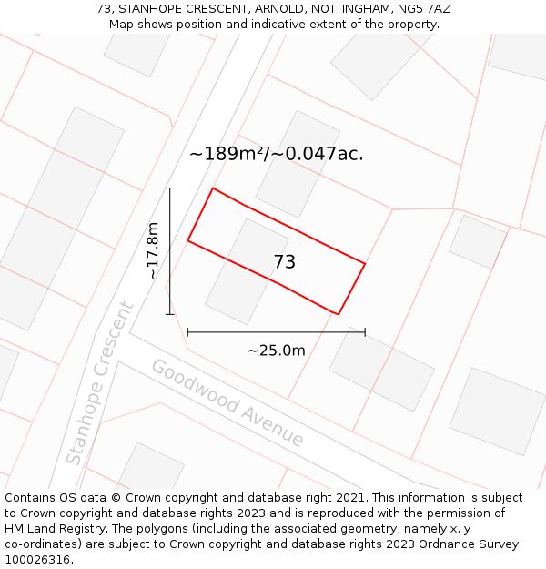 73, STANHOPE CRESCENT, ARNOLD, NOTTINGHAM, NG5 7AZ: Plot and title map