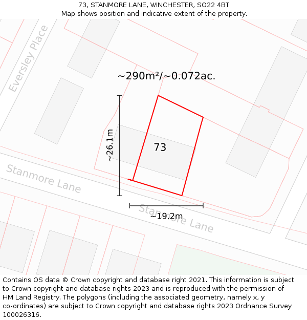 73, STANMORE LANE, WINCHESTER, SO22 4BT: Plot and title map