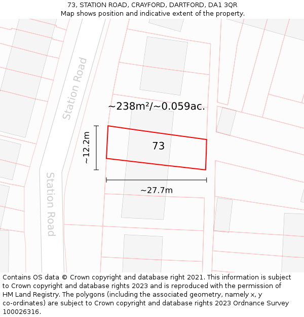 73, STATION ROAD, CRAYFORD, DARTFORD, DA1 3QR: Plot and title map