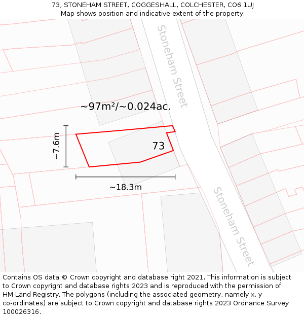 73, STONEHAM STREET, COGGESHALL, COLCHESTER, CO6 1UJ: Plot and title map