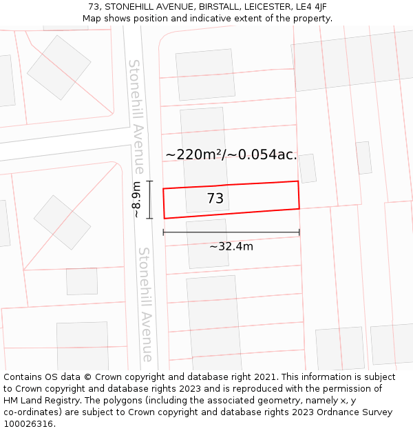 73, STONEHILL AVENUE, BIRSTALL, LEICESTER, LE4 4JF: Plot and title map