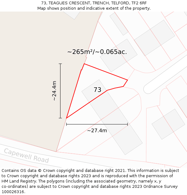 73, TEAGUES CRESCENT, TRENCH, TELFORD, TF2 6RF: Plot and title map