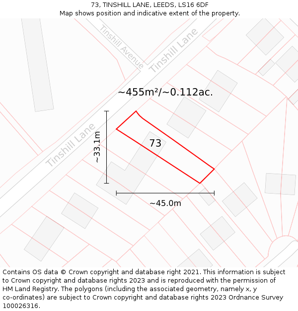 73, TINSHILL LANE, LEEDS, LS16 6DF: Plot and title map