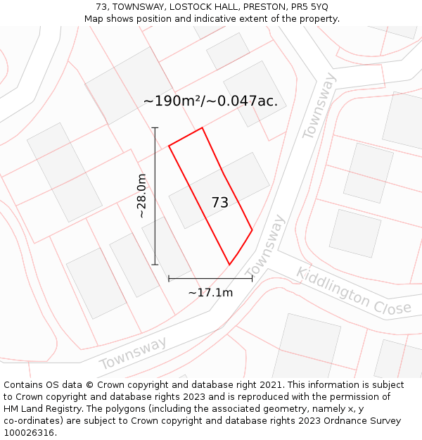 73, TOWNSWAY, LOSTOCK HALL, PRESTON, PR5 5YQ: Plot and title map