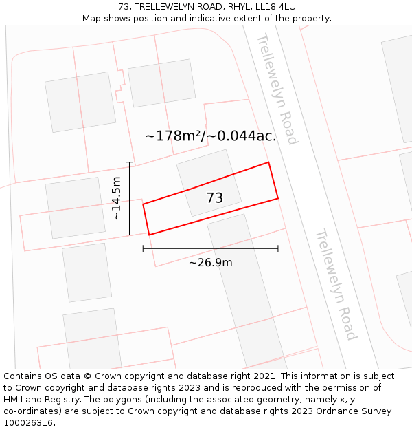 73, TRELLEWELYN ROAD, RHYL, LL18 4LU: Plot and title map