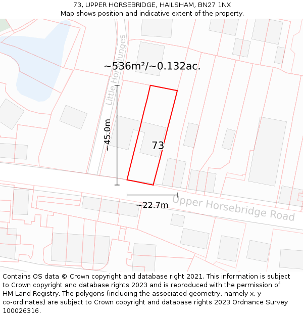 73, UPPER HORSEBRIDGE, HAILSHAM, BN27 1NX: Plot and title map