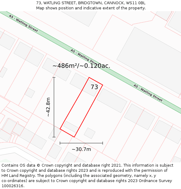 73, WATLING STREET, BRIDGTOWN, CANNOCK, WS11 0BL: Plot and title map