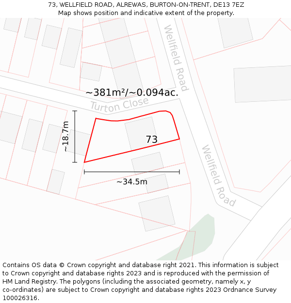 73, WELLFIELD ROAD, ALREWAS, BURTON-ON-TRENT, DE13 7EZ: Plot and title map