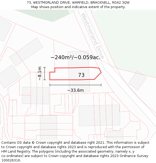 73, WESTMORLAND DRIVE, WARFIELD, BRACKNELL, RG42 3QW: Plot and title map