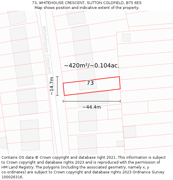 73, WHITEHOUSE CRESCENT, SUTTON COLDFIELD, B75 6ES: Plot and title map