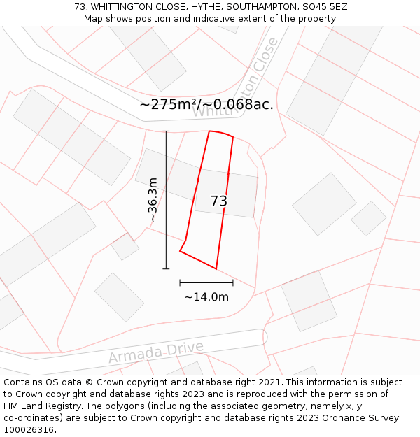 73, WHITTINGTON CLOSE, HYTHE, SOUTHAMPTON, SO45 5EZ: Plot and title map