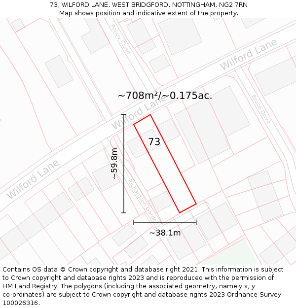 73, WILFORD LANE, WEST BRIDGFORD, NOTTINGHAM, NG2 7RN: Plot and title map