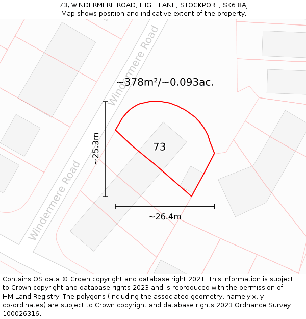 73, WINDERMERE ROAD, HIGH LANE, STOCKPORT, SK6 8AJ: Plot and title map