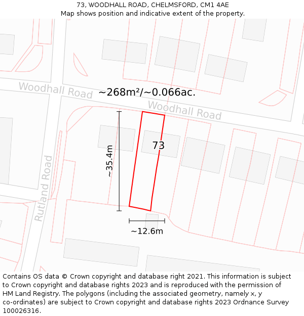 73, WOODHALL ROAD, CHELMSFORD, CM1 4AE: Plot and title map