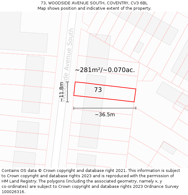 73, WOODSIDE AVENUE SOUTH, COVENTRY, CV3 6BL: Plot and title map