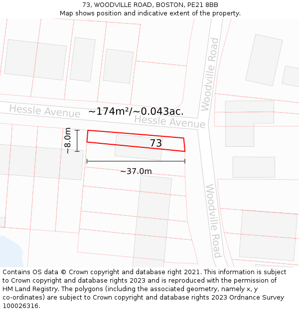 73, WOODVILLE ROAD, BOSTON, PE21 8BB: Plot and title map