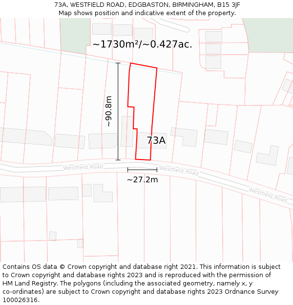 73A, WESTFIELD ROAD, EDGBASTON, BIRMINGHAM, B15 3JF: Plot and title map