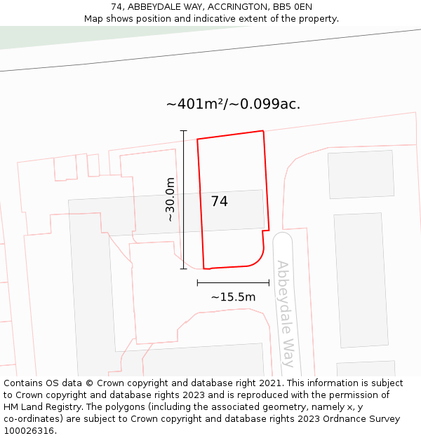74, ABBEYDALE WAY, ACCRINGTON, BB5 0EN: Plot and title map