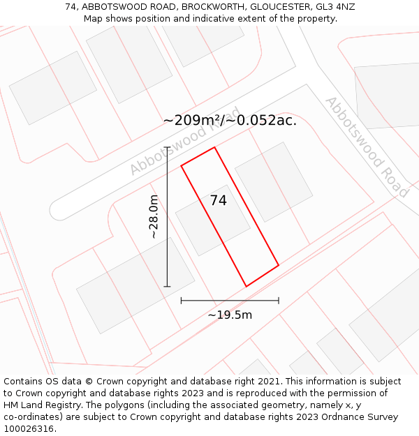 74, ABBOTSWOOD ROAD, BROCKWORTH, GLOUCESTER, GL3 4NZ: Plot and title map