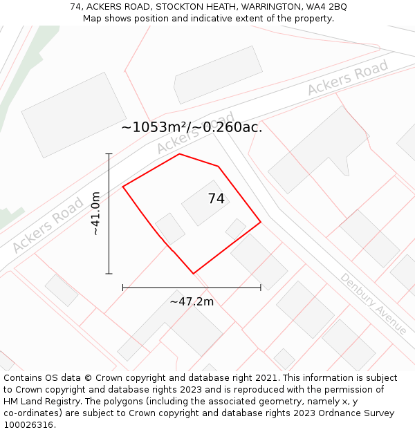 74, ACKERS ROAD, STOCKTON HEATH, WARRINGTON, WA4 2BQ: Plot and title map