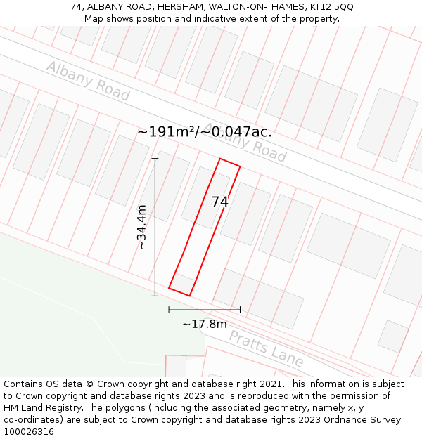 74, ALBANY ROAD, HERSHAM, WALTON-ON-THAMES, KT12 5QQ: Plot and title map