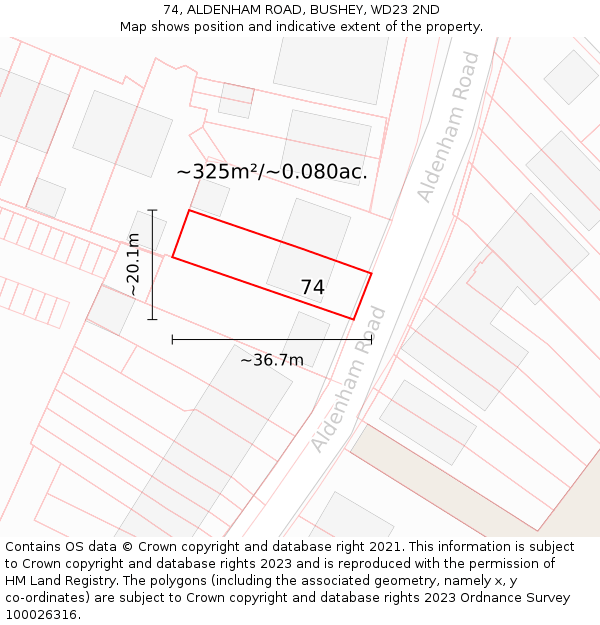 74, ALDENHAM ROAD, BUSHEY, WD23 2ND: Plot and title map