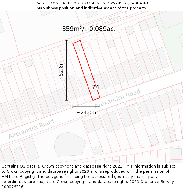 74, ALEXANDRA ROAD, GORSEINON, SWANSEA, SA4 4NU: Plot and title map