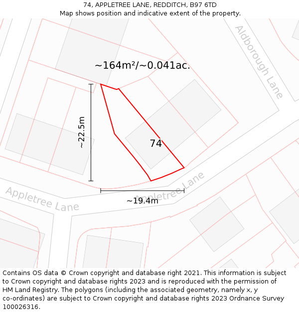 74, APPLETREE LANE, REDDITCH, B97 6TD: Plot and title map