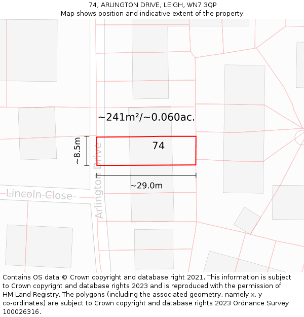 74, ARLINGTON DRIVE, LEIGH, WN7 3QP: Plot and title map