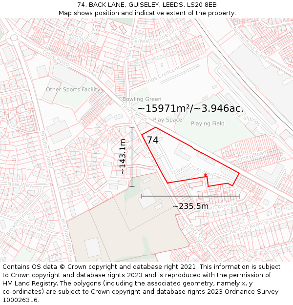 74, BACK LANE, GUISELEY, LEEDS, LS20 8EB: Plot and title map