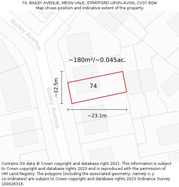 74, BAILEY AVENUE, MEON VALE, STRATFORD-UPON-AVON, CV37 8QW: Plot and title map