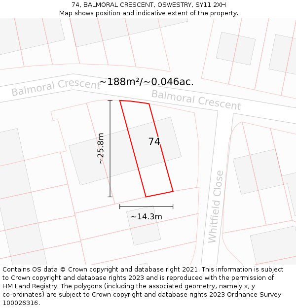 74, BALMORAL CRESCENT, OSWESTRY, SY11 2XH: Plot and title map