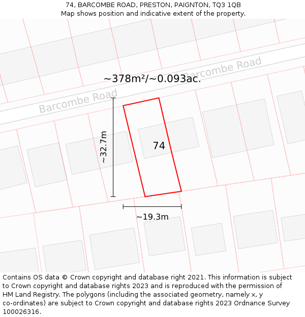 74, BARCOMBE ROAD, PRESTON, PAIGNTON, TQ3 1QB: Plot and title map